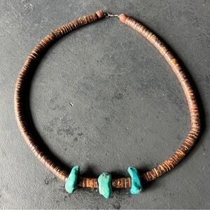 Vintage Native American Heishe Necklace 3 Large Turquoise Chunk Unisex Natural